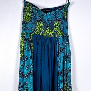French Connection Strapless Tube Top Smocked Sundress Teal Blue Green Print Boho